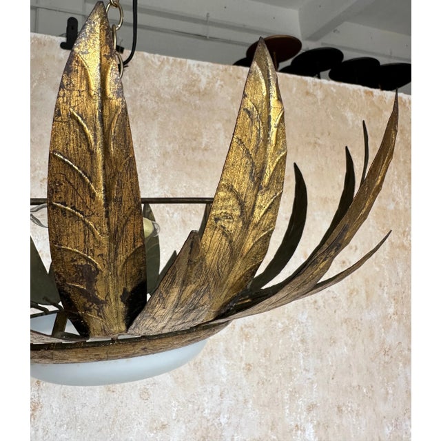 Spanish 1960s Gilt Metal Ceiling Fixture With Opaline Globe For Sale - Image 9 of 11