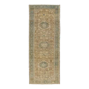 Geometric Antique Heriz Handmade Wool Runner Featuring a Brown Field