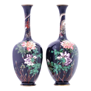 Pair of Late 19th Century Octagon Shaped Japanese Cloisonné Dragon and Flower Vases