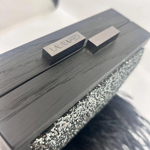 Wood An Elegant Black Wooden Clutch Bag With Feathers and Glitter Made by Laurafed For Sale - Image 7 of 9