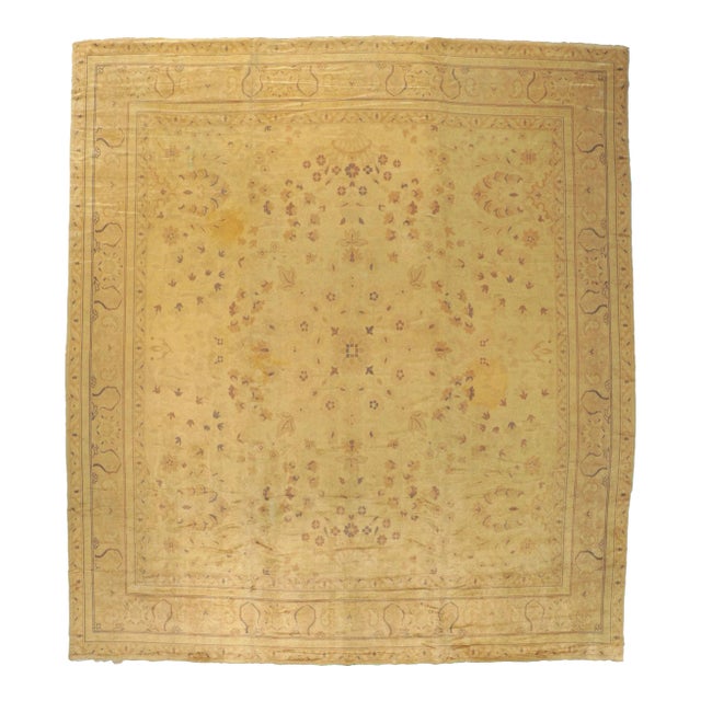 Antique Gold European French Rug - 12'04 X 13'09 For Sale