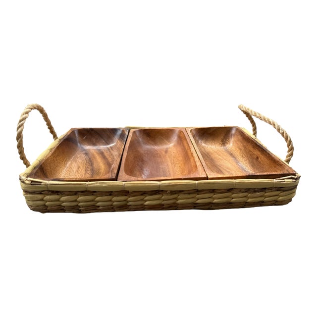 Vintage Mid-Century Teak & Woven Basket Serving Tray | 3-Section Divided Tray For Sale