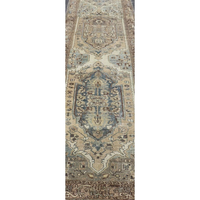 Early 20th Century Antique Persian Malayer Runner With Geometric Medallion Design in Blue and Tan For Sale - Image 4 of 11