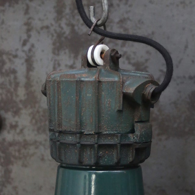 Vintage Industrial French Green Cast Iron and Clear Domed Glass Pendant Lamps by Sammode For Sale - Image 4 of 7