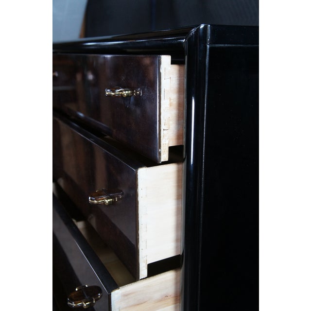 Wood 1980s Henredon Scene Three Art Deco Style Walnut Burl Black Lacquer Tallboy Dresser For Sale - Image 7 of 14