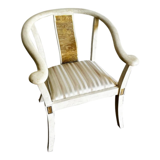 Ming Style Tessellated Stone Arm Chair With Brass Inlay - Maitland Smith Style For Sale