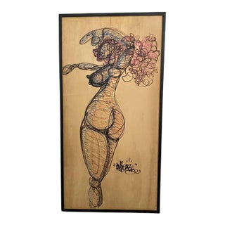"Elliptical Dance" Neo-Expressionist Nude Drawing on Wood Panel by L.Chief For Sale