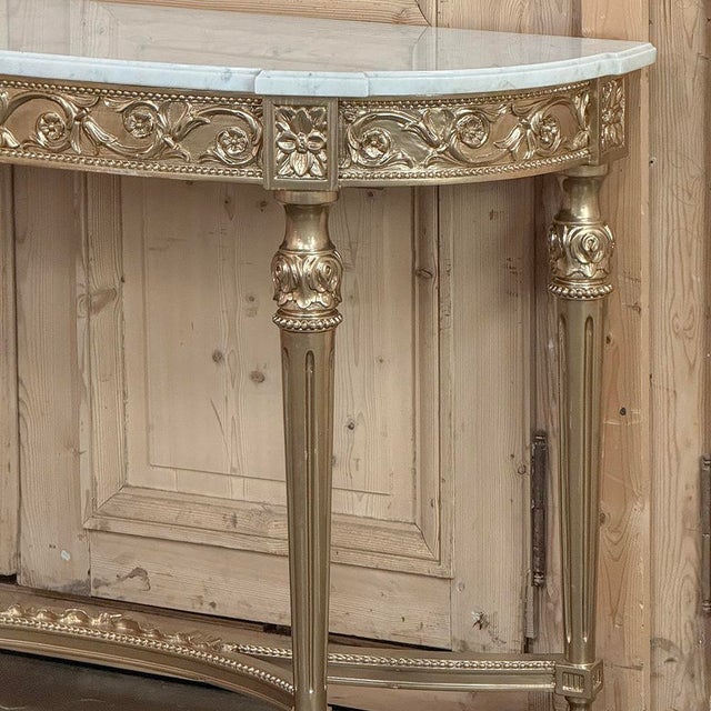 Antique French Louis XVI Giltwood Demilune Console With Carrara Marble For Sale - Image 9 of 15