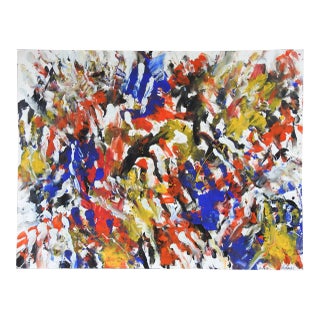 Abstract Expressionist Blue & Red Painting on Paper For Sale
