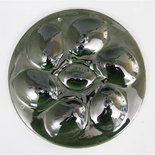 Antique French Saint Clément Majolica Green & Yellow Lemon Wedge Oyster Plate For Sale - Image 4 of 5