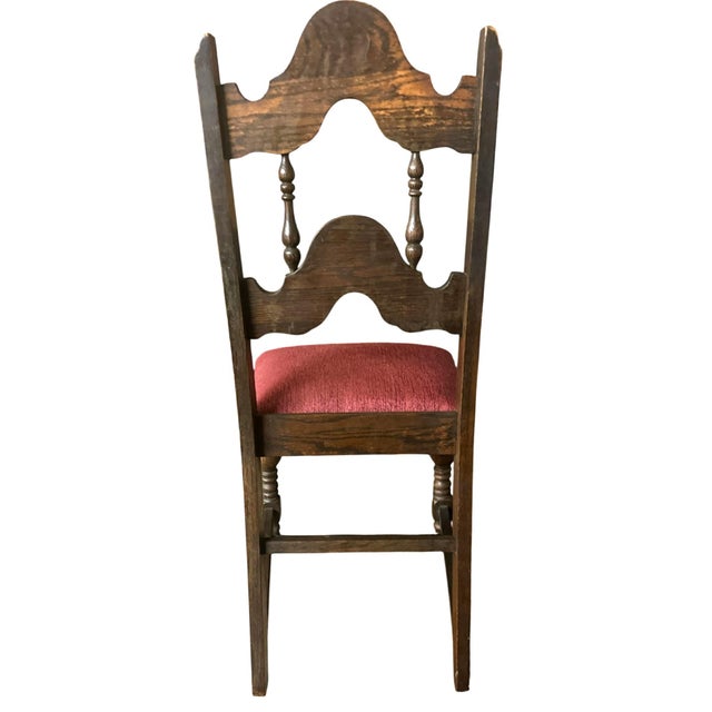 Antique 1920s Spanish Revival Oak Dining Chairs With New Burgundy Seat Upholstery - Set of 4 For Sale - Image 4 of 5