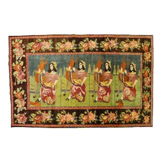 Zabihi Collection Lady Deer Colorful Pictorial Vintage Karabagh Rug For Sale
