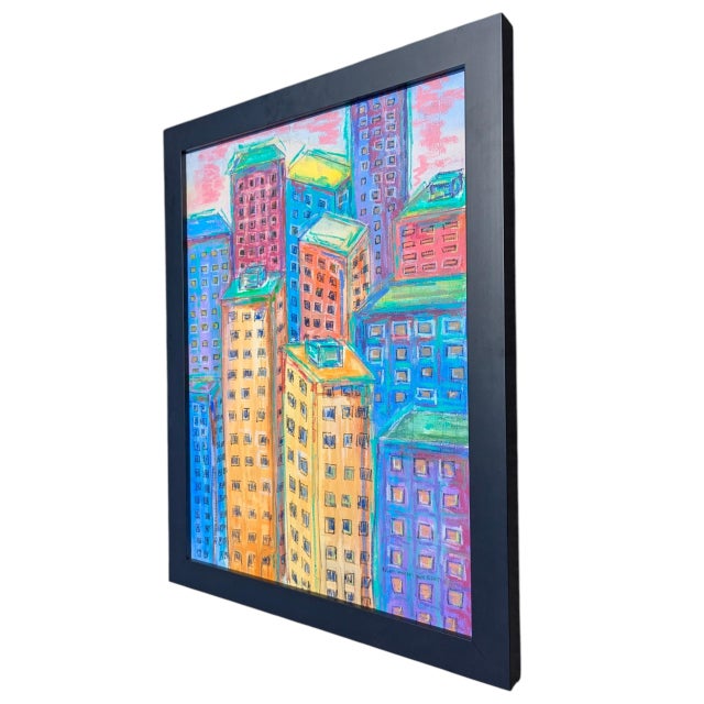 Original Cityscape Skyline Oil Pastel Art Framed For Sale - Image 4 of 12