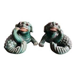 Chinese Vintage Pair of Good Luck / Lucky Foo Dogs / Dragons With Coins in Their Mouths. Fabled to Bring Good Fortune and Good Luck. For Sale