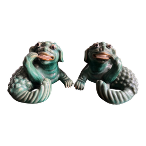 Chinese Vintage Pair of Good Luck / Lucky Foo Dogs / Dragons With Coins in Their Mouths. Fabled to Bring Good Fortune and Good Luck.