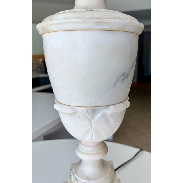 1950s Large Pair Italian Column Neoclassical Alabaster Table Lamps For Sale - Image 12 of 16