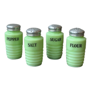 Vintage Jeanette Glass Jadeite Shakers, Set of Four, Circa 1950s