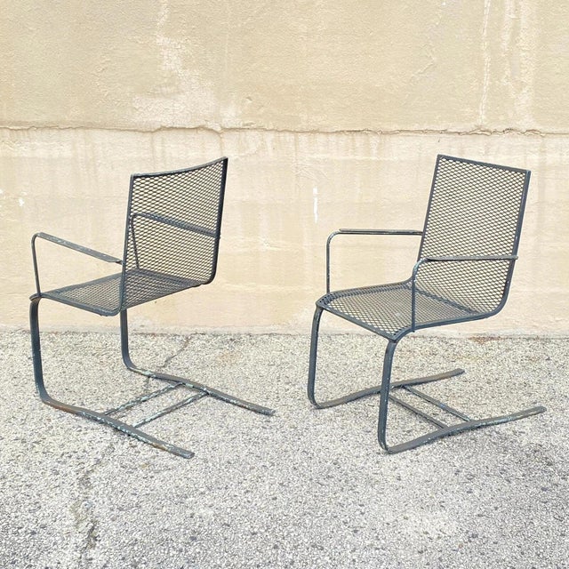Mid 20th Century Modern Wrought Iron Metal Mesh Cantilever Garden Patio Chair - Pair For Sale - Image 10 of 10