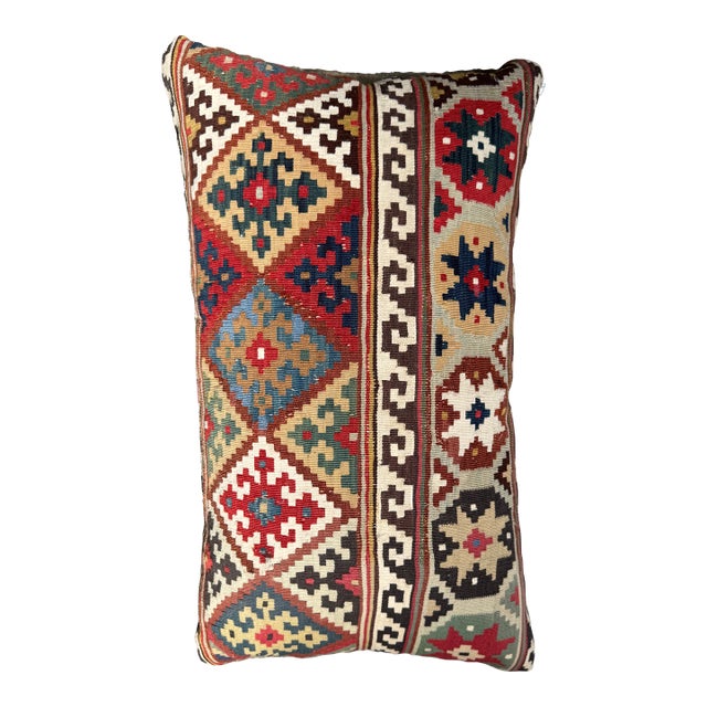 Colorful Accent Pillow Made From 19th Century Handwoven Wool Caucasian Kilim Rug For Sale