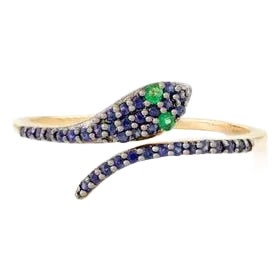 14k Solid Gold Serpent Ring With Pave Set Sapphires & Emeralds Ring Size 6 For Sale