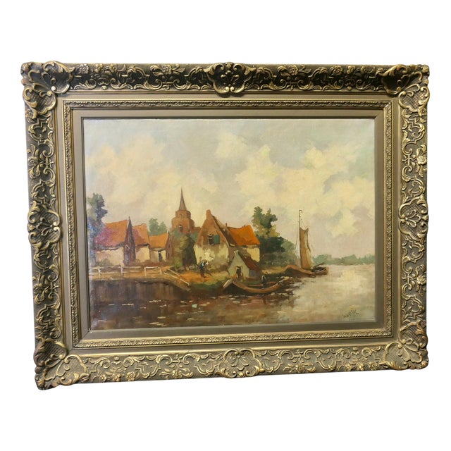 W. v. Dijk, Village from the Water, 19th Century, Oil Painting, Framed For Sale
