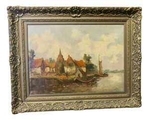 W. v. Dijk, Village from the Water, 19th Century, Oil Painting, Framed