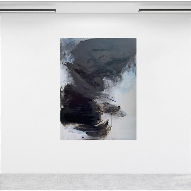 “Updraft II” is an original abstract oil painting on canvas that I painted mainly in black and white with blue accents....