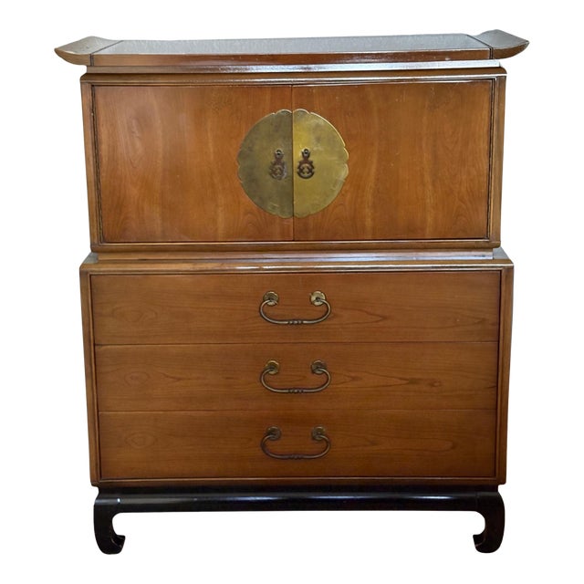 Kent-Coffey “Amerasia” Walnut Chest on Chest, Mid-Century Modern Cabinet For Sale