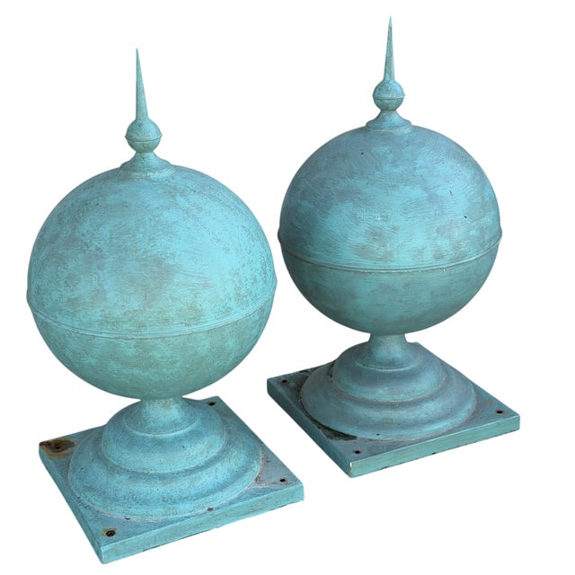 French Pair of Antique Painted Copper Architectural Sphere Post Finials For Sale - Image 3 of 4