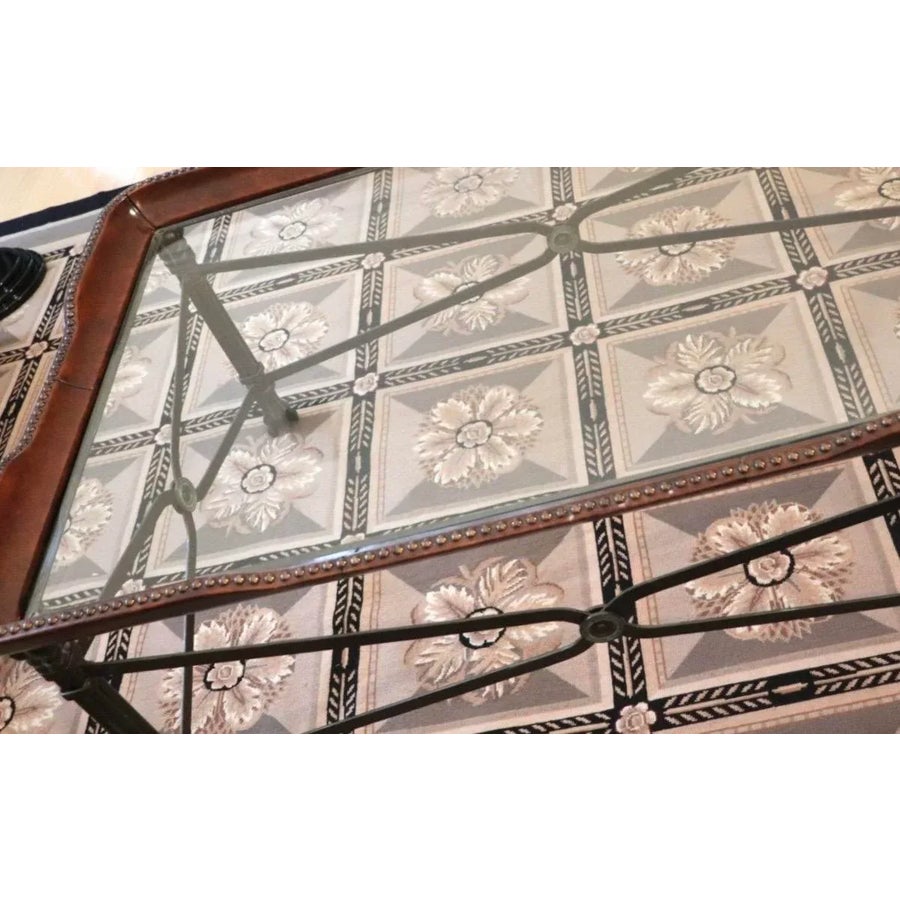 Vintage Maitland Smith Leather, Iron and Glass Top Coffee Table