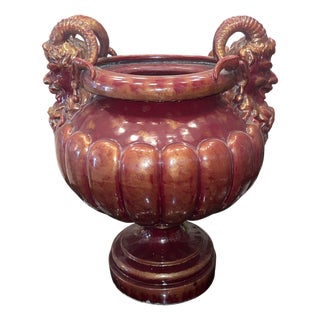 Large Continental Glazed Earthenware Faun Mask Jardinière. Early 20th Century. For Sale