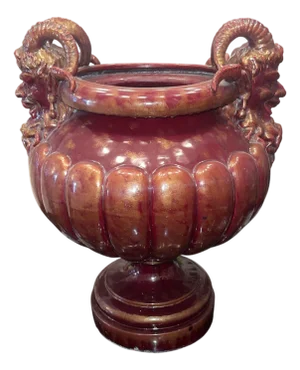 Large Continental Glazed Earthenware Faun Mask Jardinière. Early 20th Century.