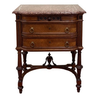 Antique French Louis XVI Style Marble Top Chest Side End Table Walnut c.1920s-30 For Sale