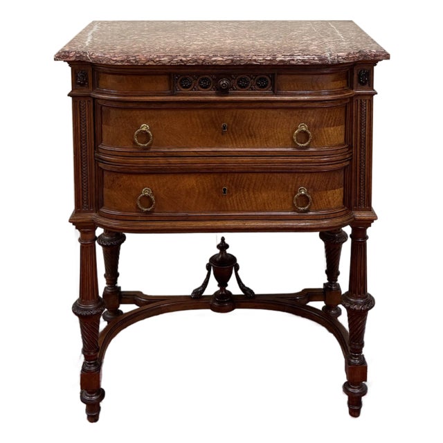 Antique French Louis XVI Style Marble Top Chest Side End Table Walnut c.1920s-30 For Sale