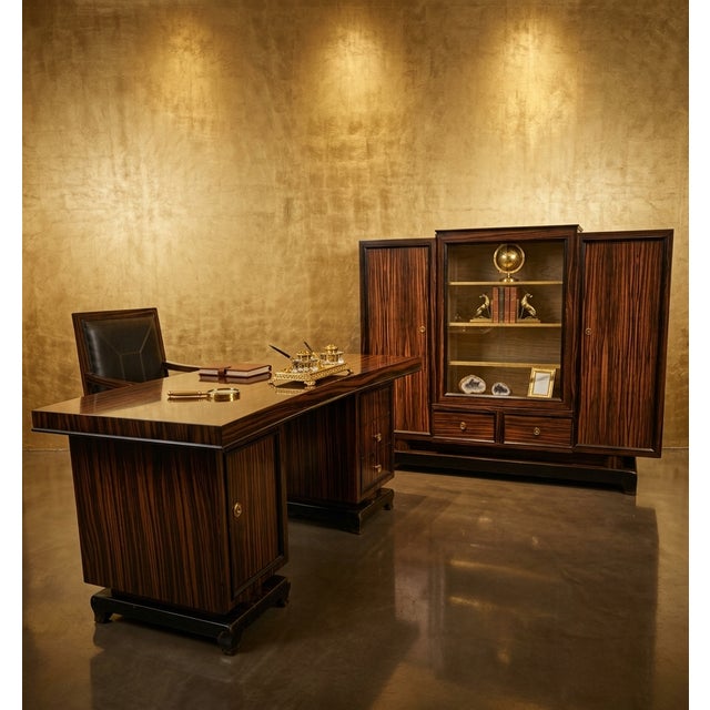 French Art Deco Makassar Study with Crescent-Shaped Desk, 1930, Set of 2 For Sale - Image 9 of 10