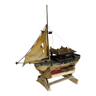 Antique Nautical Folk Art Boat Model With Lift For Sale