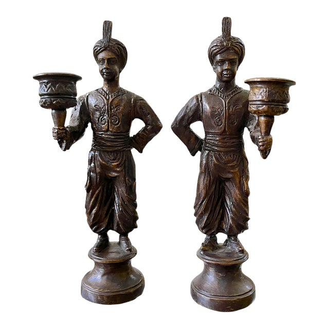 Vintage Maitland-Smith Attributed Bronze Turbaned Attendant Figural Candlesticks Manner of Tony Duquette – A Pair For Sale