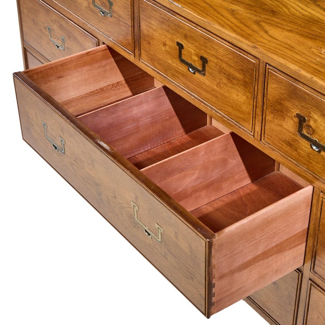 Brown Mid 20th Century Henredon Campaign Mid Century Oak and Brass Lowboy Dresser For Sale - Image 8 of 11