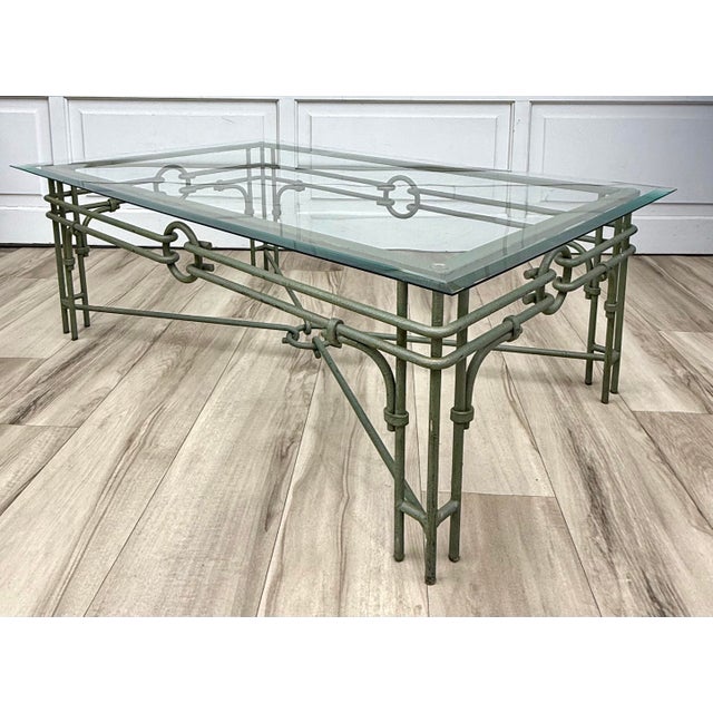 Contemporary Vintage Giacometti Style Verdigris-Finish Metal & Glass Coffee Table For Sale - Image 3 of 14