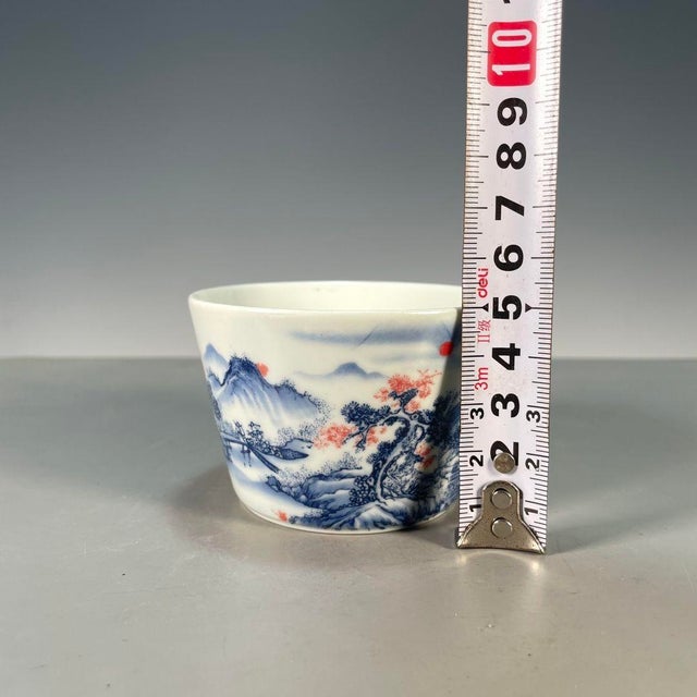 Vintage Blue & White Underglaze Red Porcelain Teacup – Landscape Scene, Qianlong Mark For Sale In Los Angeles - Image 6 of 9