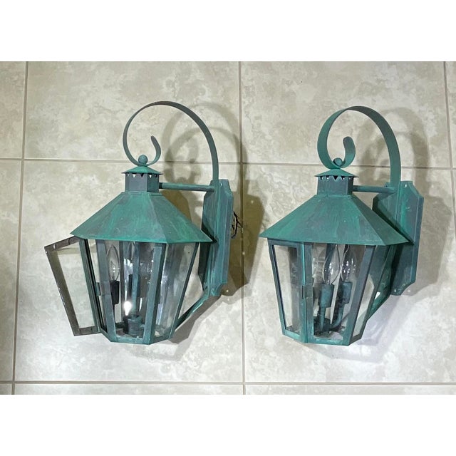 Vintage Solid Copper & Brass Outdoor Lantern Sconces / 18”h X 11”w X 12”d For Sale In Miami - Image 6 of 18