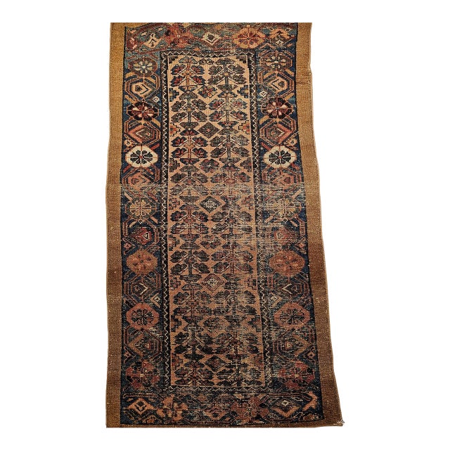 Vintage Persian Malayer Area Rug, Hand-Knotted Wool, Allover Geometric Design, Camelhair & Blue, 3x6 For Sale