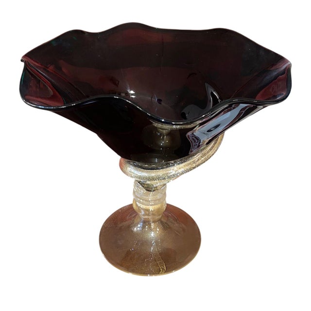 Late 20th Century Dark Amethyst Murano Glass & Gold Fleck Glass Compote. Signed by Camozzo. For Sale - Image 5 of 10