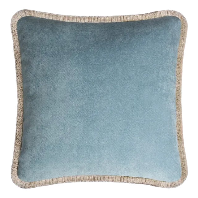 Happy Cushion in Light Blue with Off-White Fringes by Lorenza Briola for Lo Decor For Sale