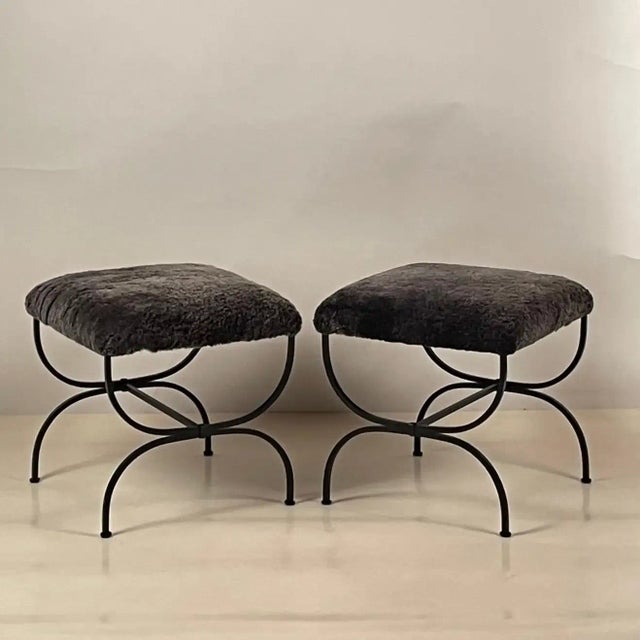 Pair of grey fur 'Strapontin' stools by Design Frères. Chic and understated.