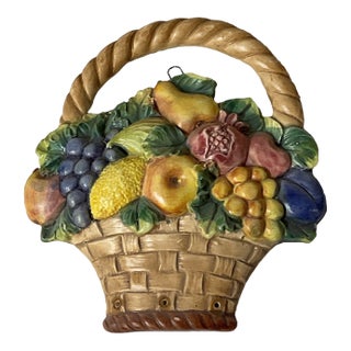 Vintage Ceramic Fruit Basket Wall Plaque For Sale
