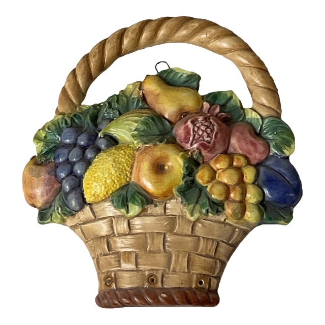 Vintage Ceramic Fruit Basket Wall Plaque For Sale