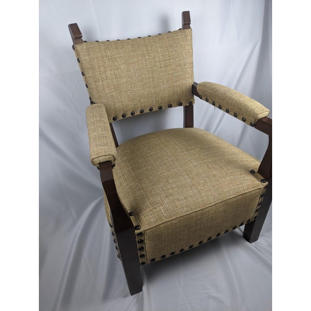 Mid-Century Mission Arts & Crafts Wood Upholstered Armchair With Nailhead Trim For Sale - Image 12 of 17