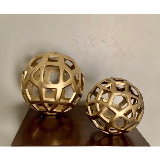 Modern Contemporary Gilt Metal Large Cutout Orbs / Globes - a Pair For Sale - Image 4 of 6