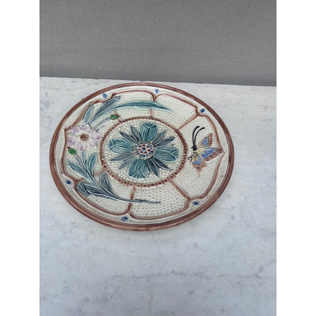 19th Century Majolica flowers and butterfly plate Wasmuel.